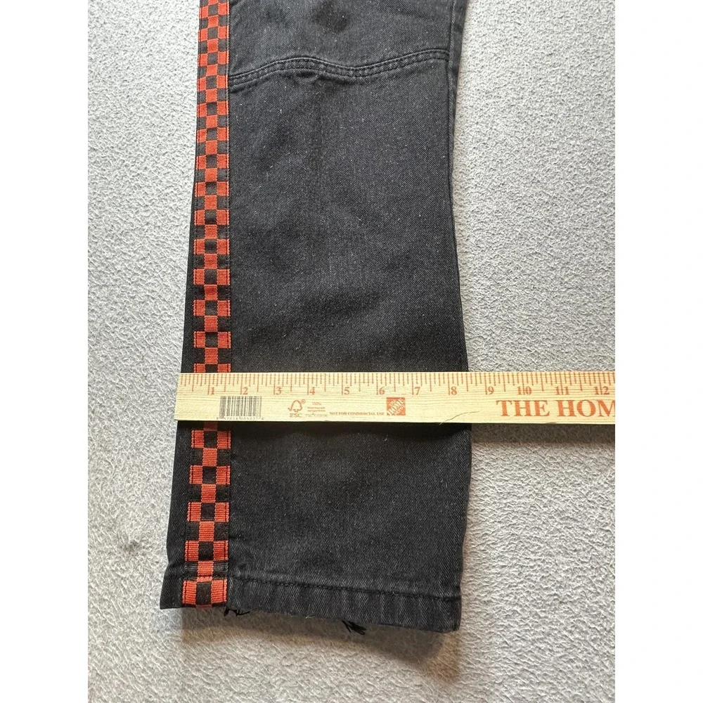Lion Dynasty Jeans Mens 42x30 Black Denim Moto Biker Ribbed Red Checkered Stripe